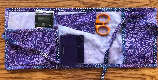 quilted travel sewing kit in purple batik fabrics