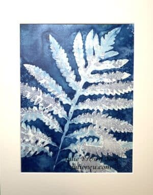 close up cyanotype print of stag horn fern leaf