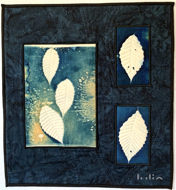 art quilt of cyanotypes of beech leaves