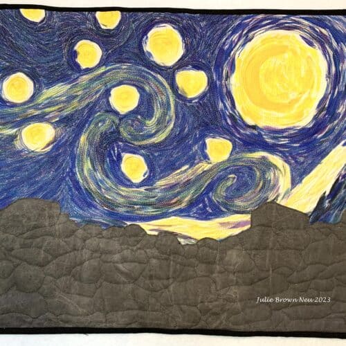 Recreation Van Gogh's Starry Night using thread painting with stone wall in foreground