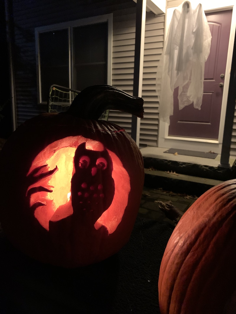 pumpkin carved with owl in tree, lit with candle