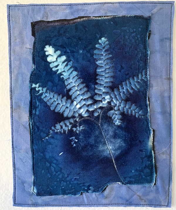 cyanotype of white maidenhair fern image on blue background